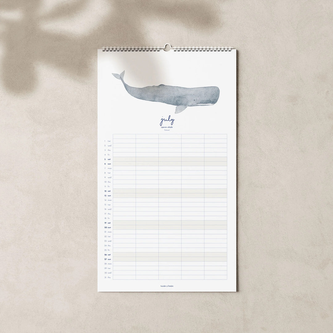 July page of the 2025 family planner calendar featuring a blue whale illustration above a grid layout for organizing family activities and schedules.