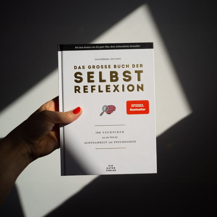 Cover of the mental health journal 'Das große Buch der Selbstreflexion' held in hand with a shadowed background.