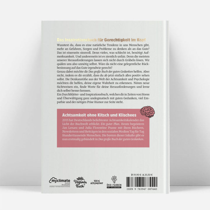 Back cover of the self-improvement book 'Das große Buch der guten Gedanken' with information about the content, price, and publisher logos.