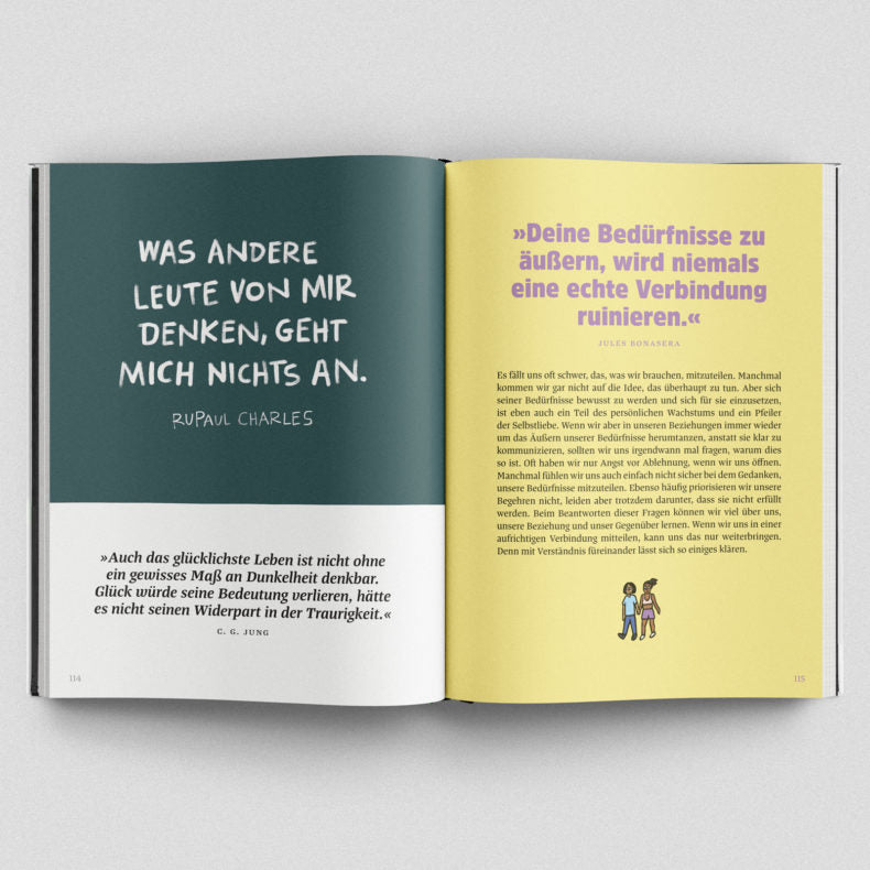 Open pages of the self-improvement book "Das große Buch der guten Gedanken" showing motivational quotes and reflections in German".