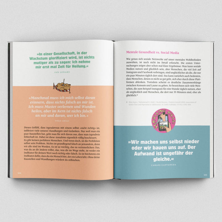 Pages from the self-improvement book 'Das große Buch der guten Gedanken' featuring quotes on healing and mental health versus social media in German.