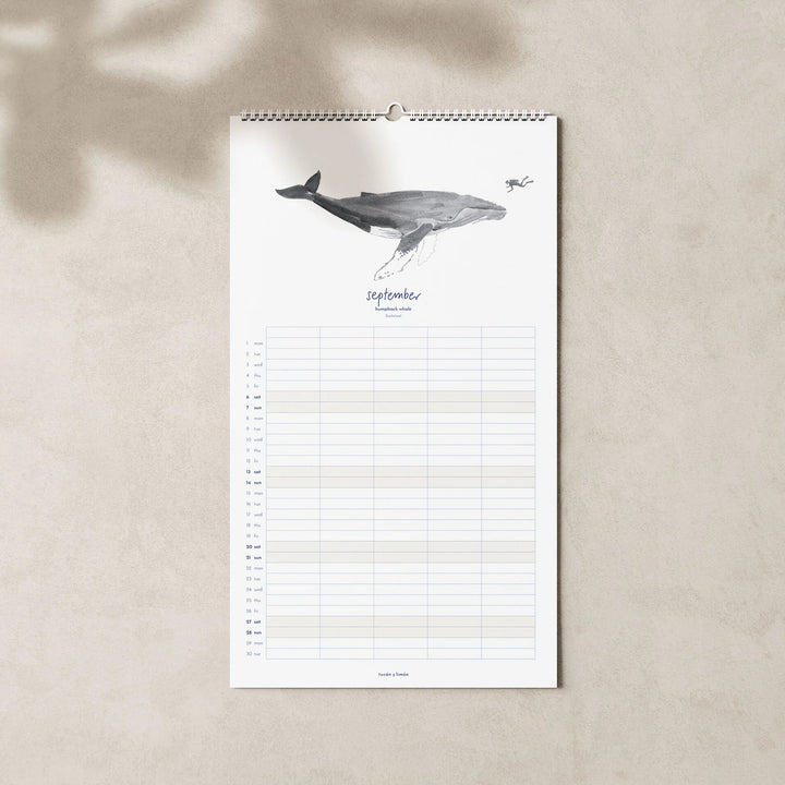 September page of the 2025 family planner calendar featuring a humpback whale illustration above a grid layout for organizing family schedules and monthly activities.